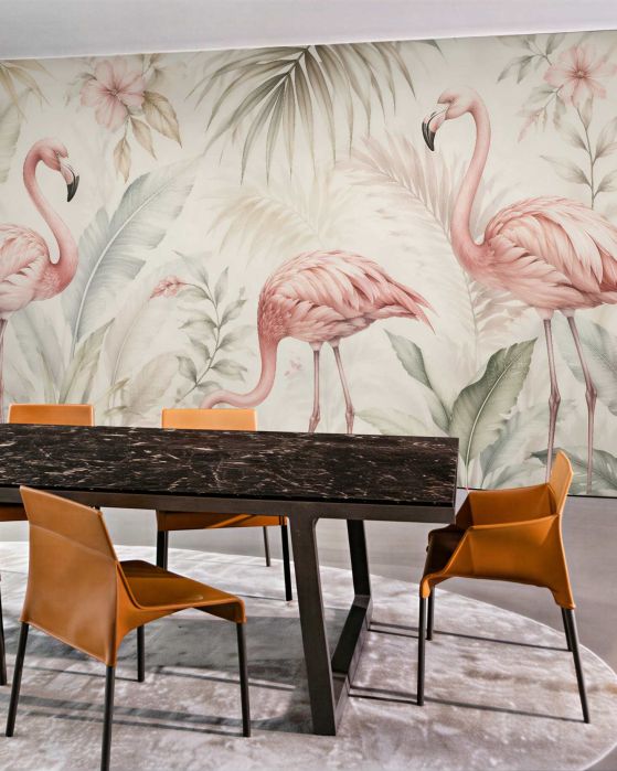 Fototapeten Pastellfarbene Flamingos im tropischen Garten