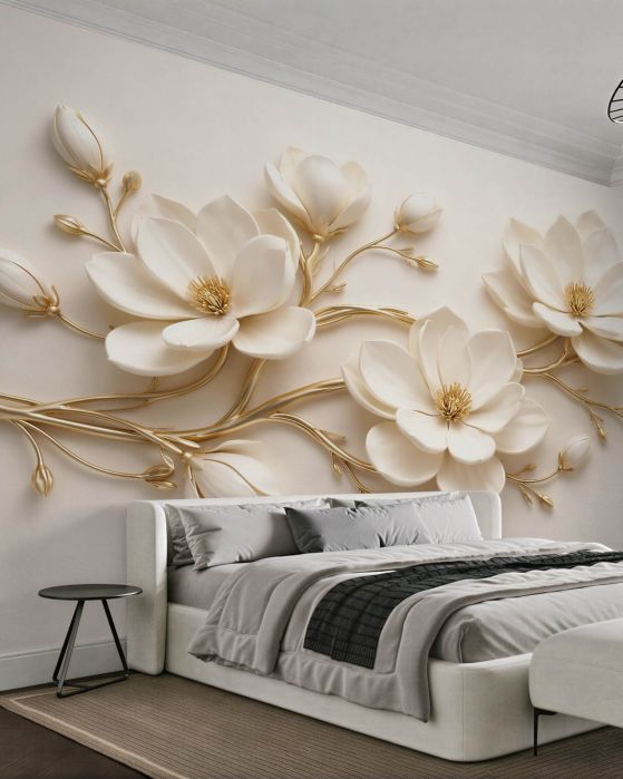Fototapeten Cremefarbene Magnolien mit Gold
