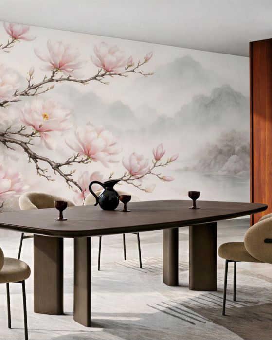 Fototapeten Magnolien über dem nebligen See