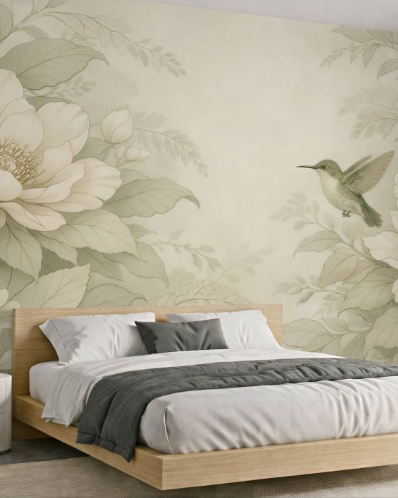 Fototapeten Cremige Blumen mit Kolibri
