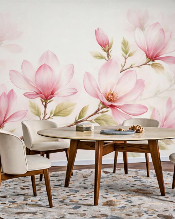Fototapeten Zarte Magnolien an einem hellen Zweig