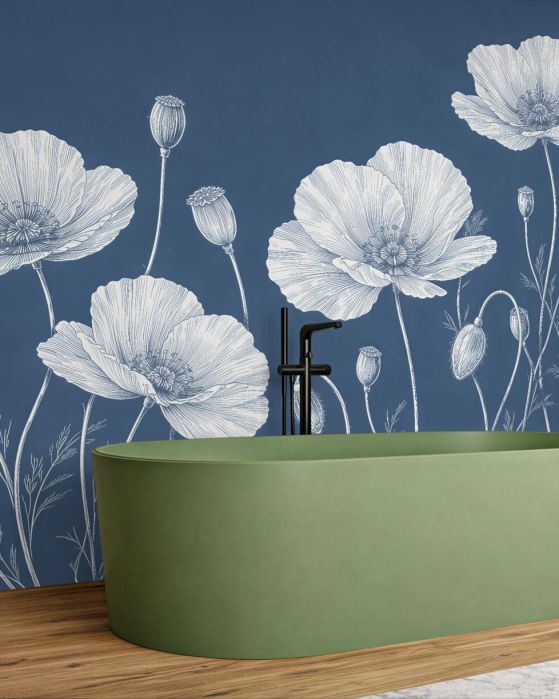 Fototapeten Weiße Mohnblumen auf Dunkelblau