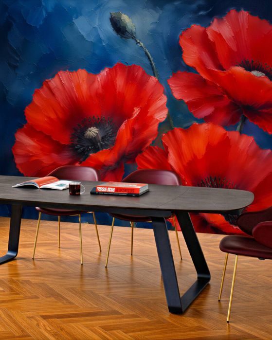 Fototapeten Rote Mohnblumen auf Dunkelblau