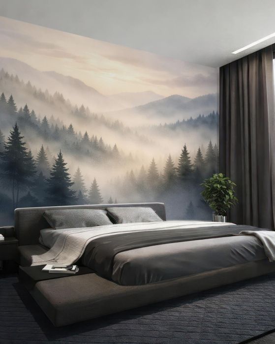 Fototapeten Morgendämmerung über dem Wald im Nebel