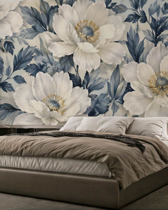 Fototapeten Weiße Blumen in blauen Blättern