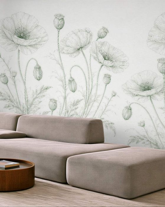 Fototapeten Zarte Mohnblumen in pastelliger Linienführung