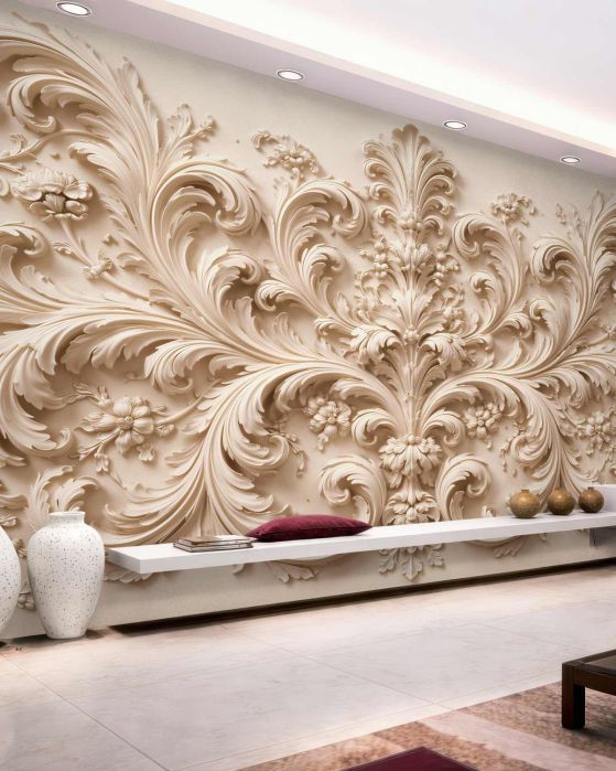 Fototapeten Barockes Ornament im cremefarbenen Relief