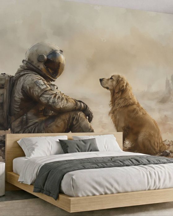 Fototapeten Astronaut mit Hund in der Stille