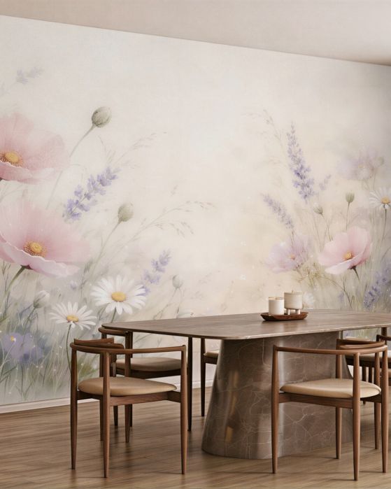 Fototapeten Pastellwiese mit Mohn und Lavendel