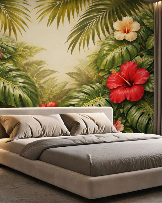 Fototapeten Exotischer Dschungel mit Hibiskusblüten