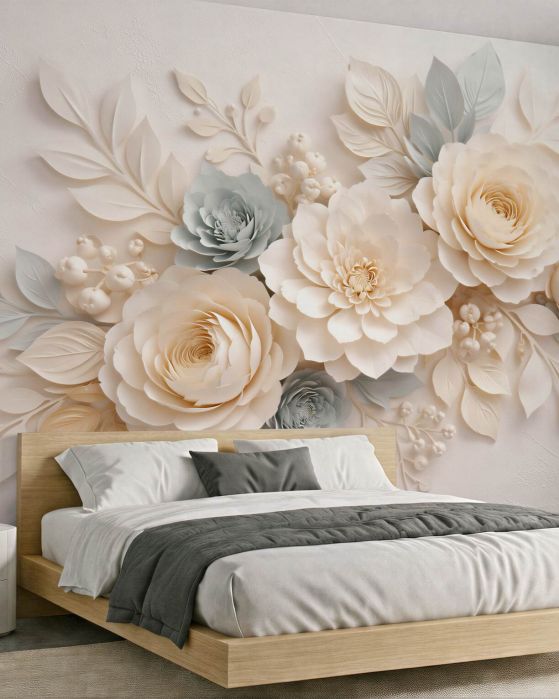 Fototapeten Cremefarbene Blumen im 3D-Stil