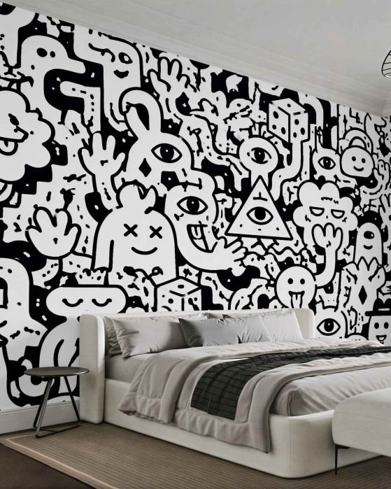 Fototapeten Schwarz-weiße Doodle-Monster
