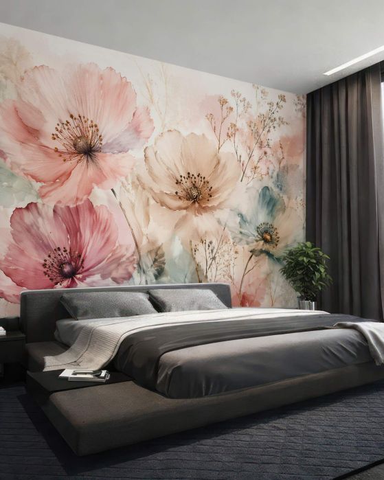 Fototapeten Pastellmohnblumen in subtiler Aquarellmalerei