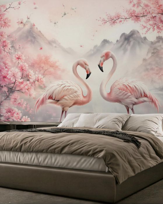 Fototapeten Flamingos in blühender Idylle