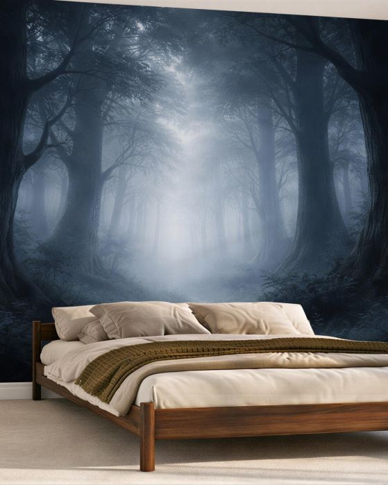 Fototapeten Blauer Wald im Nebel