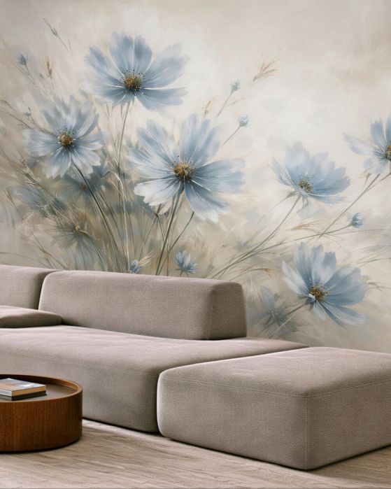 Fototapeten Hellblaue Blumen im ätherischen Nebel