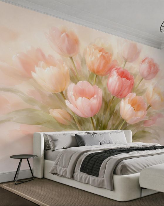Fototapeten Pastellfarbene Tulpen im sanften Glanz