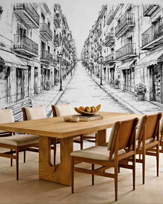 Fototapeten Skizze einer Stadtgasse in Perspektive