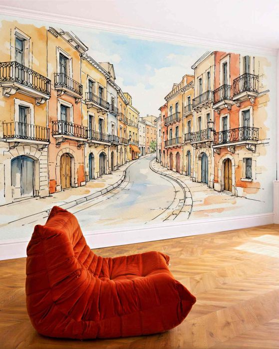 Fototapeten Aquarell-Sonnengasse mit Balkonen