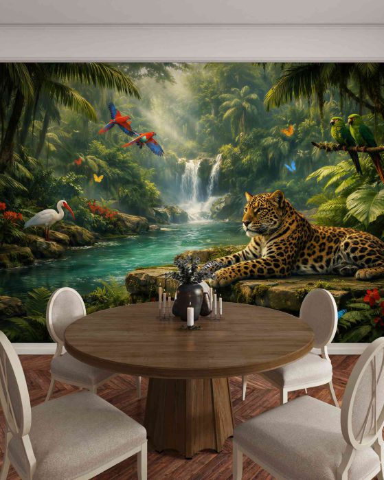 Fototapeten Dschungel mit Jaguar und Wasserfall