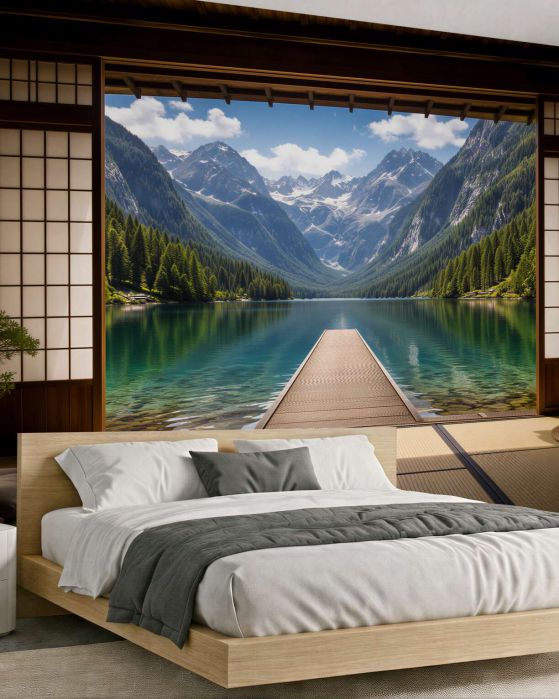 Fototapeten Bergsee hinter einem japanischen Fenster