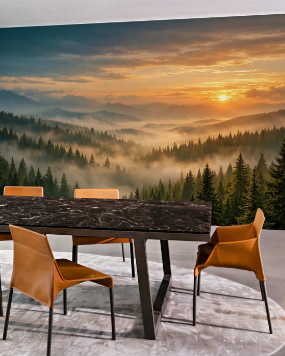 Fototapeten Nebliger Morgen über dem Bergwald