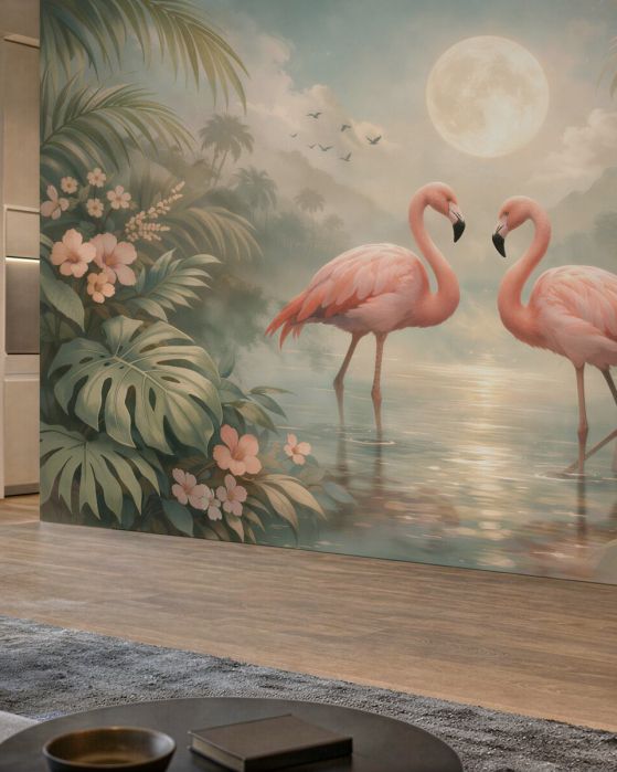 Fototapeten Flamingos in mondheller Lagune
