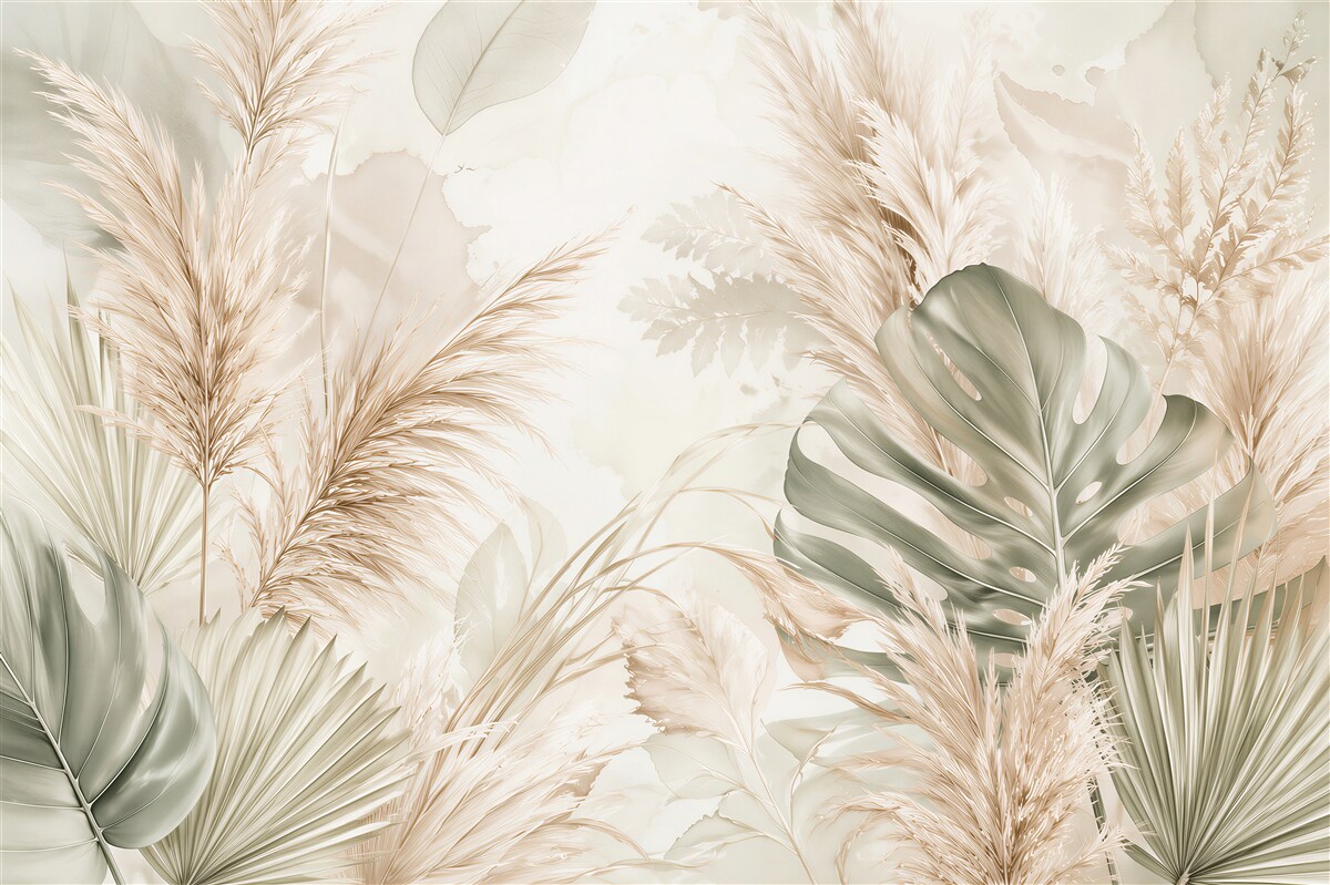 Fototapeten Beige Blätter und Pampasgras Boho