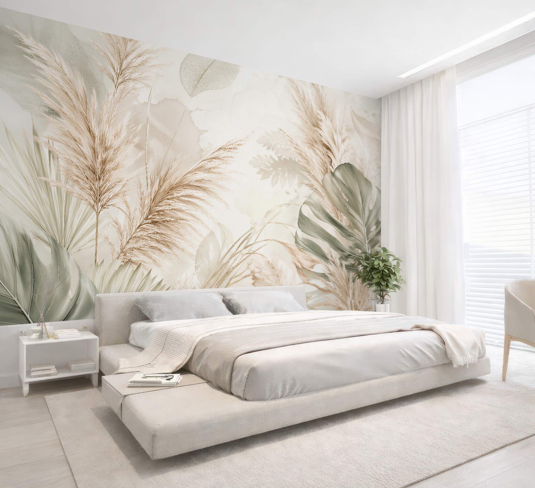 Fototapeten Beige Blätter und Pampasgras Boho