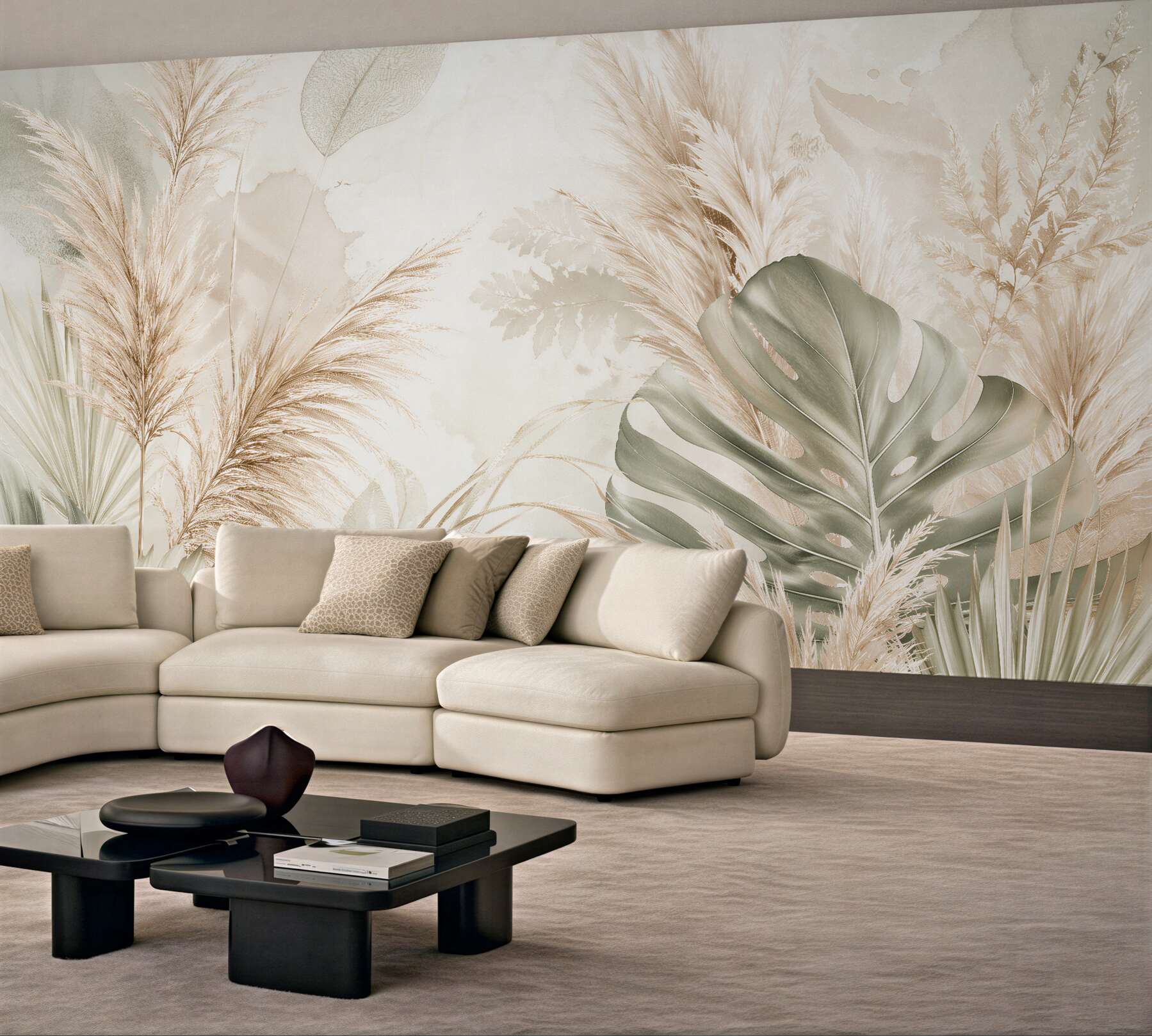 Fototapeten Beige Blätter und Pampasgras Boho