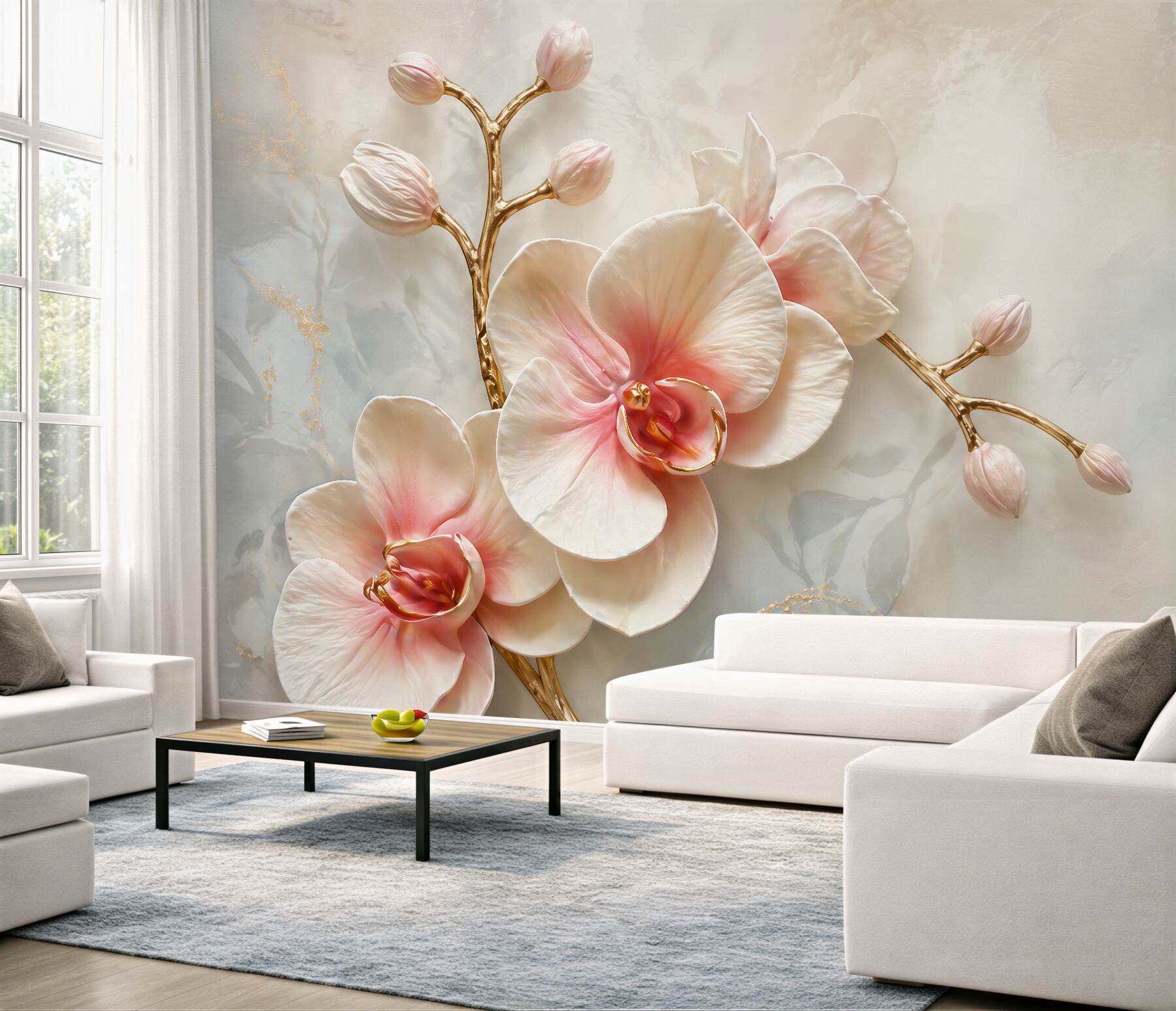 Fototapeten Puderorchidee mit goldenen Zweigen