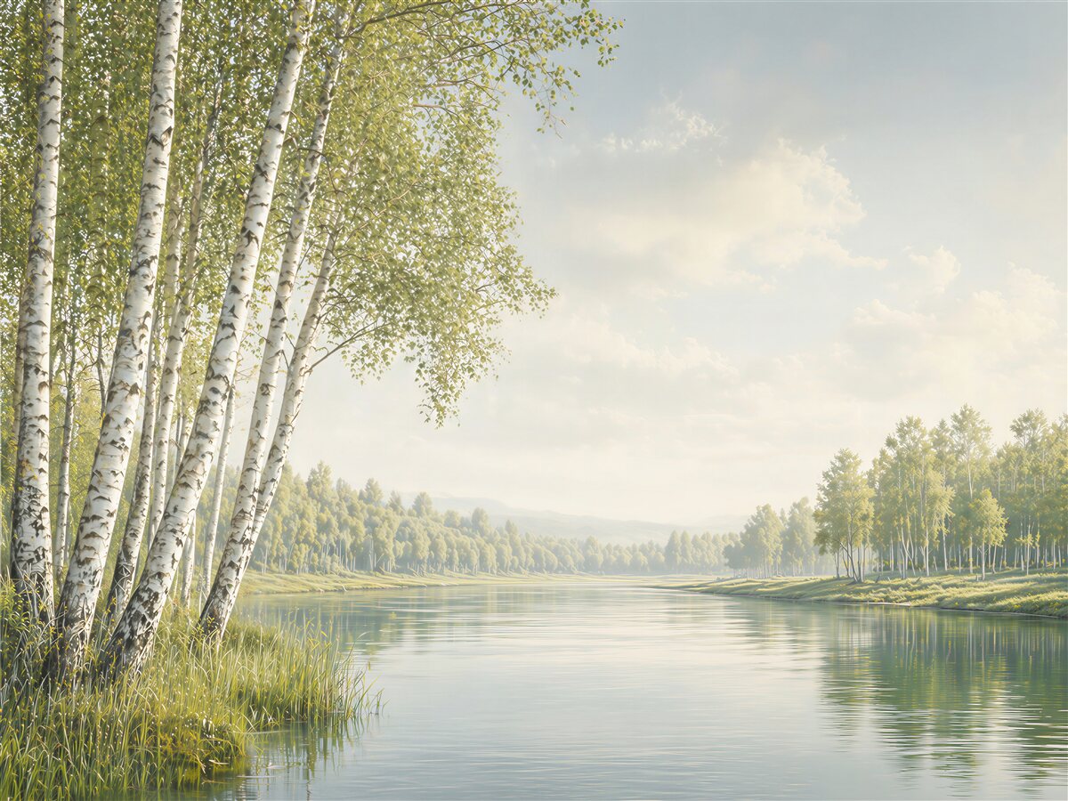 Fototapeten Birken am ruhigen Fluss im Morgengrauen