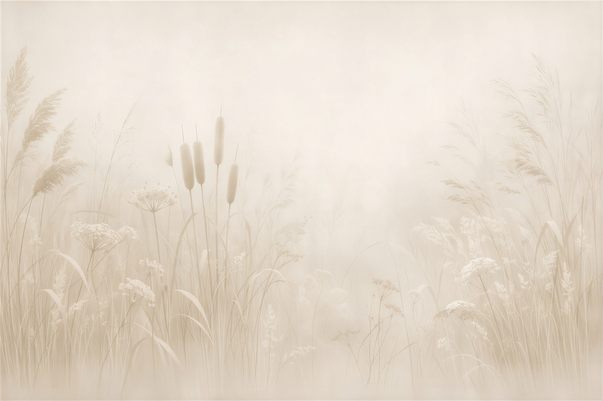 Fototapeten Ätherische Wiese im cremefarbenen Nebel