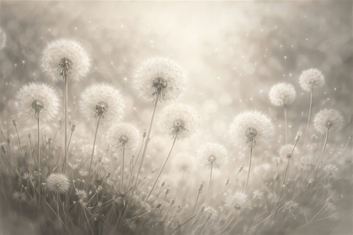 Fototapeten Ätherische Pusteblumen im lichtvollen Nebel