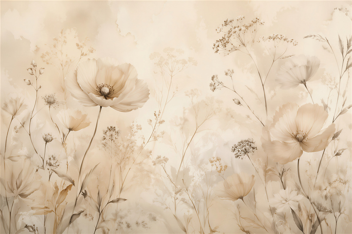 Fototapeten Cremefarbene Mohnblumen auf einer ätherischen Wiese