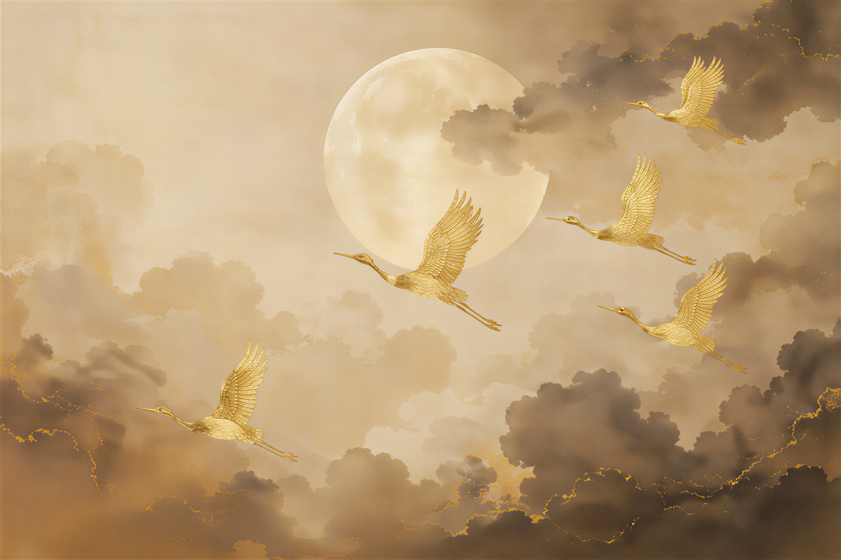 Fototapeten Goldene Kraniche bei Vollmond