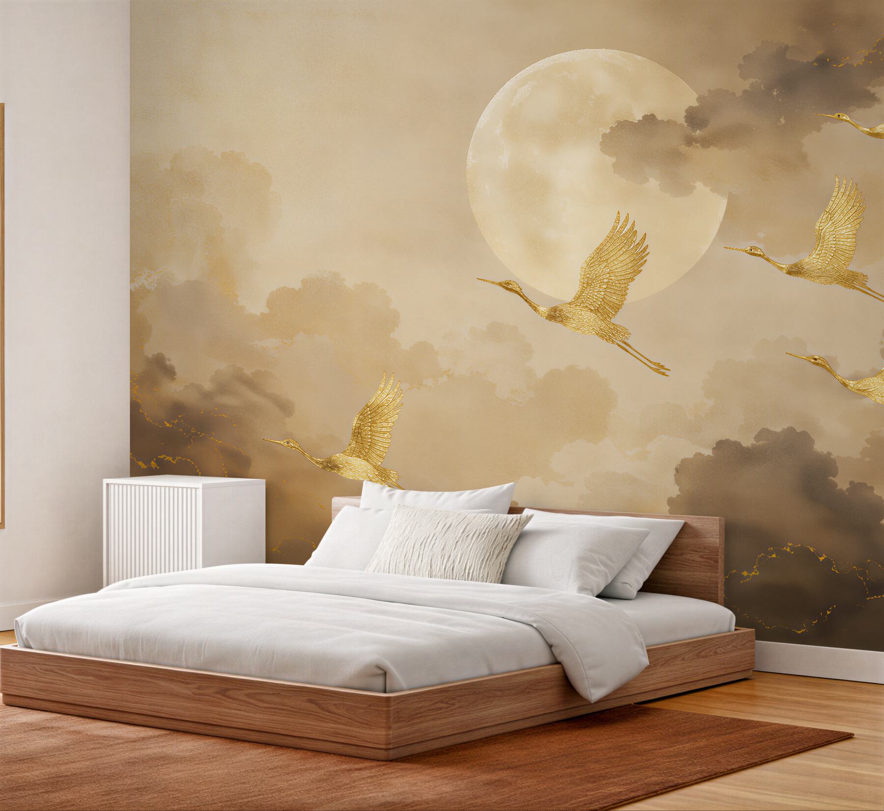 Fototapeten Goldene Kraniche bei Vollmond