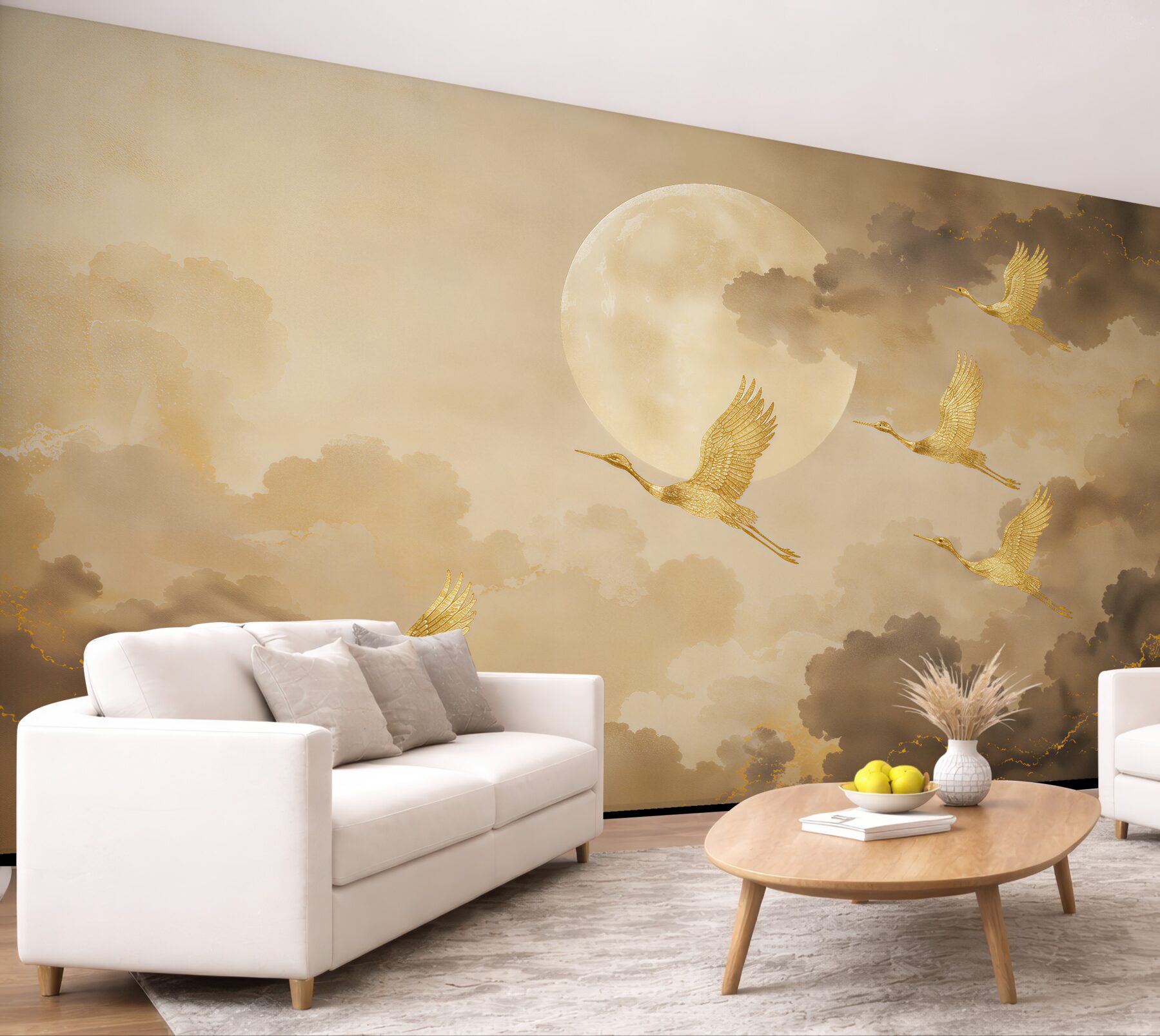 Fototapeten Goldene Kraniche bei Vollmond