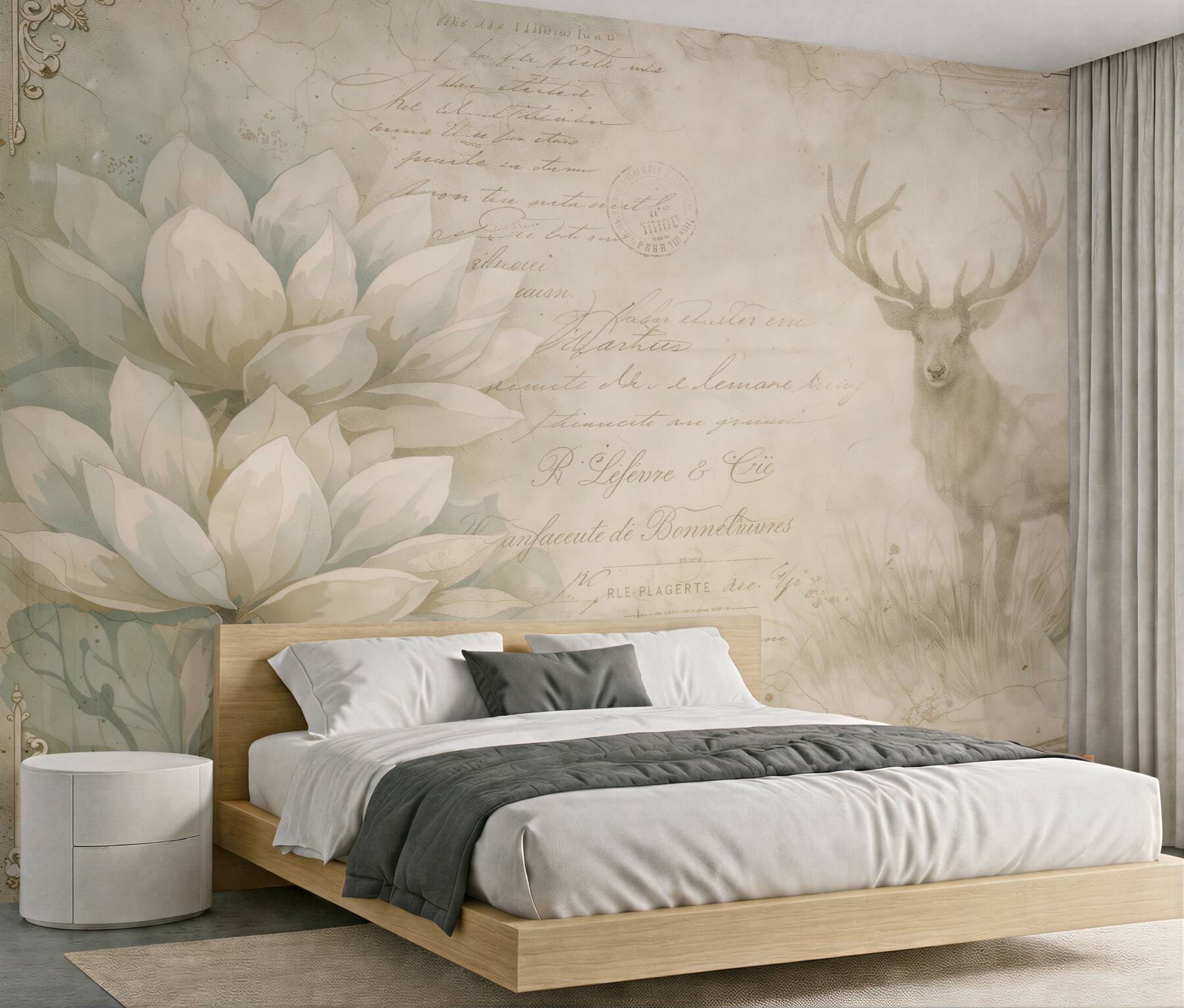 Fototapeten Vintage-Magnolien mit würdigem Hirsch
