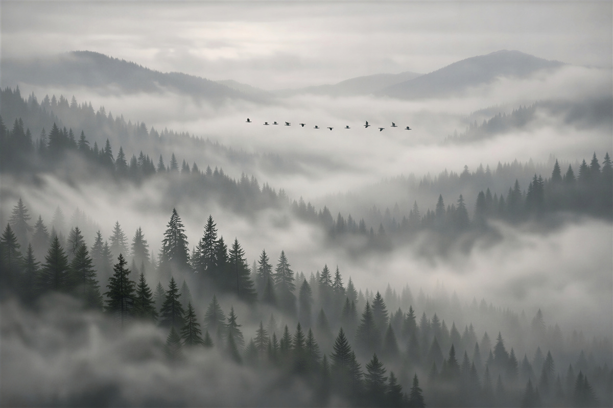 Fototapeten Nebeliger Wald mit Vogelschwarm
