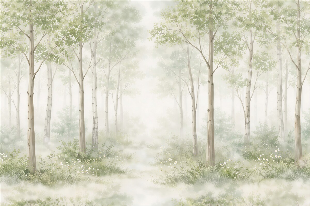 Fototapeten Nebeliger Birkenwald im Morgengrauen