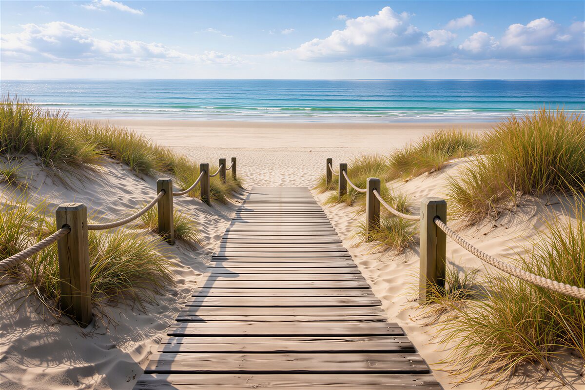 Fototapeten Holzweg zum ruhigen Strand
