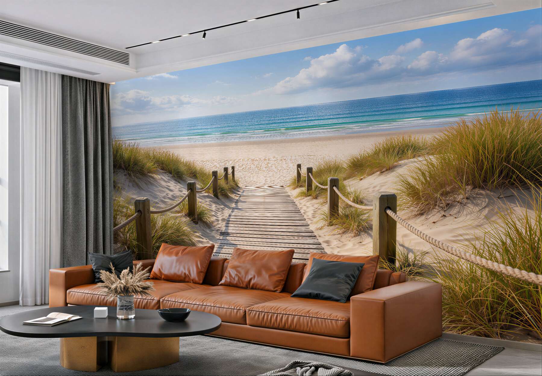 Fototapeten Holzweg zum ruhigen Strand