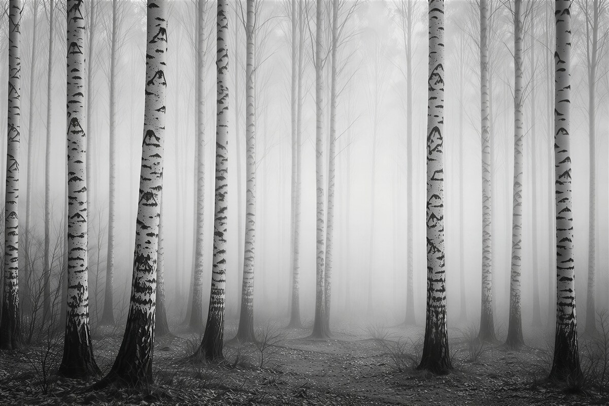 Fototapeten Nebeliger Birkenwald in Grautönen