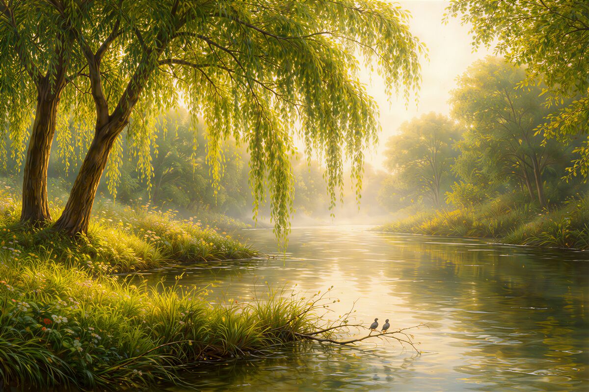 Fototapeten Goldener Fluss unter der Weide