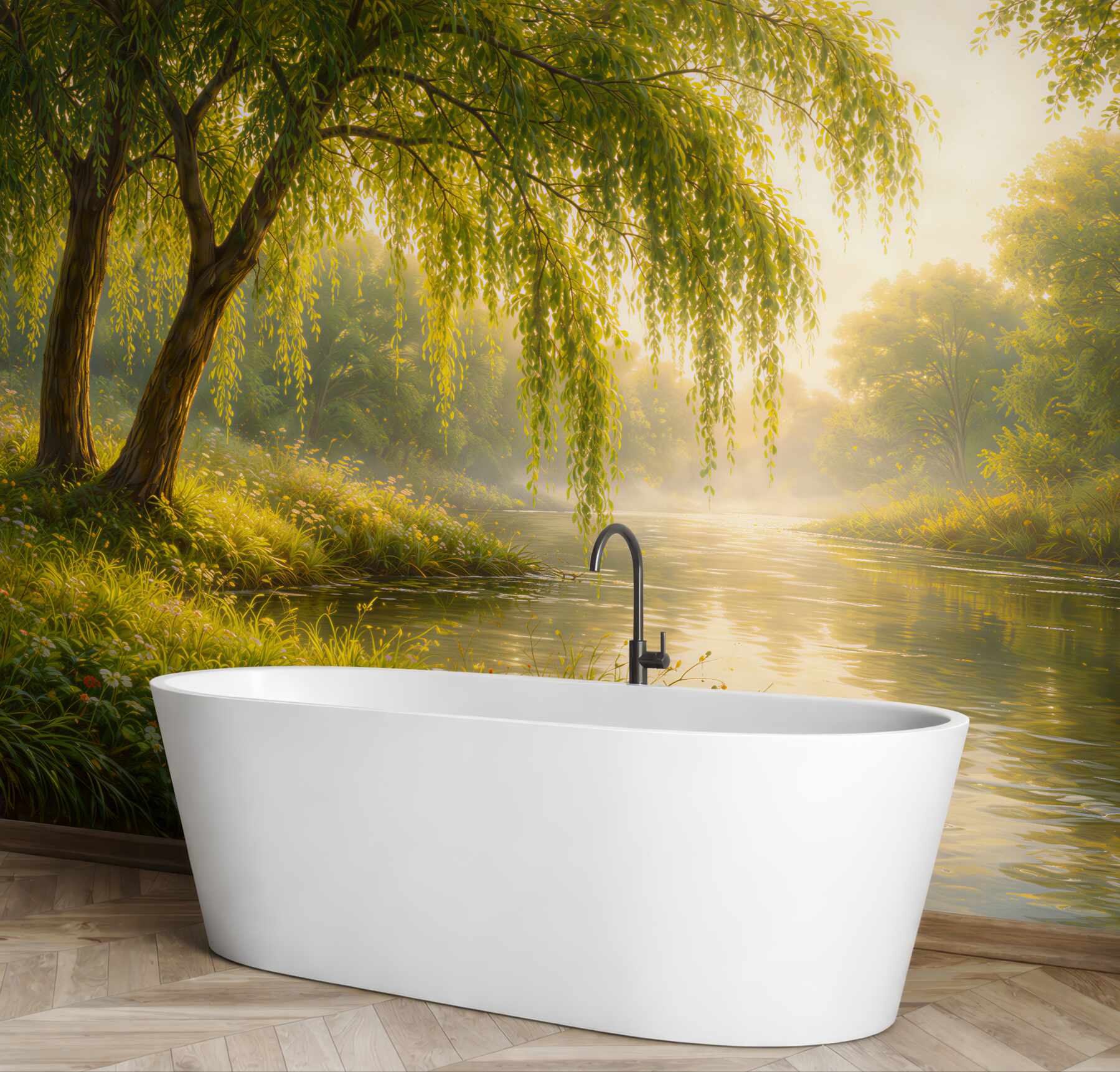 Fototapeten Goldener Fluss unter der Weide