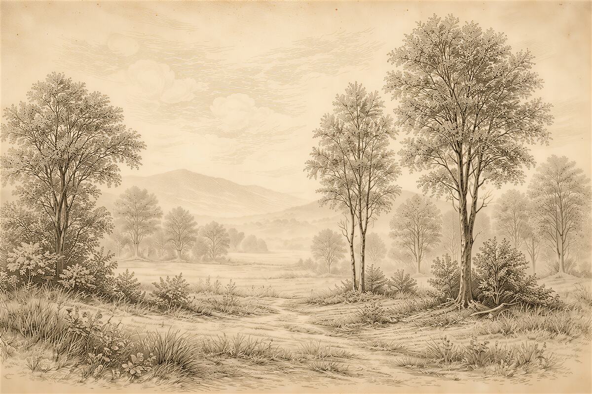 Fototapeten Idyllische Landschaft in Sepia