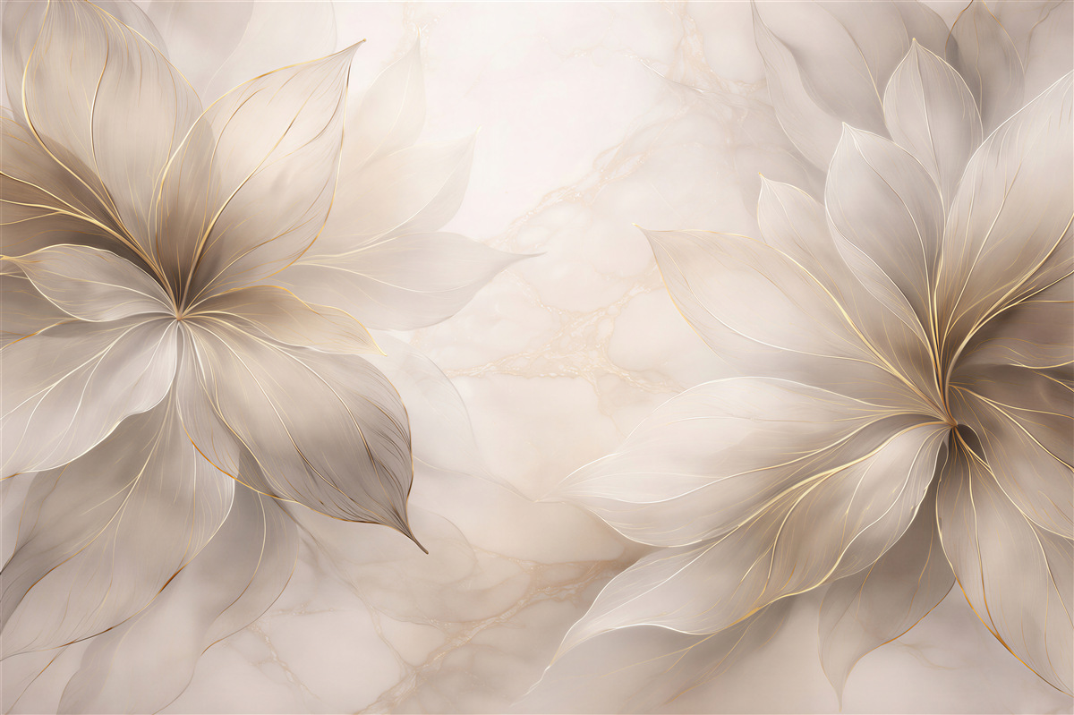 Fototapeten Goldene Blumen auf Marmorphintergrund
