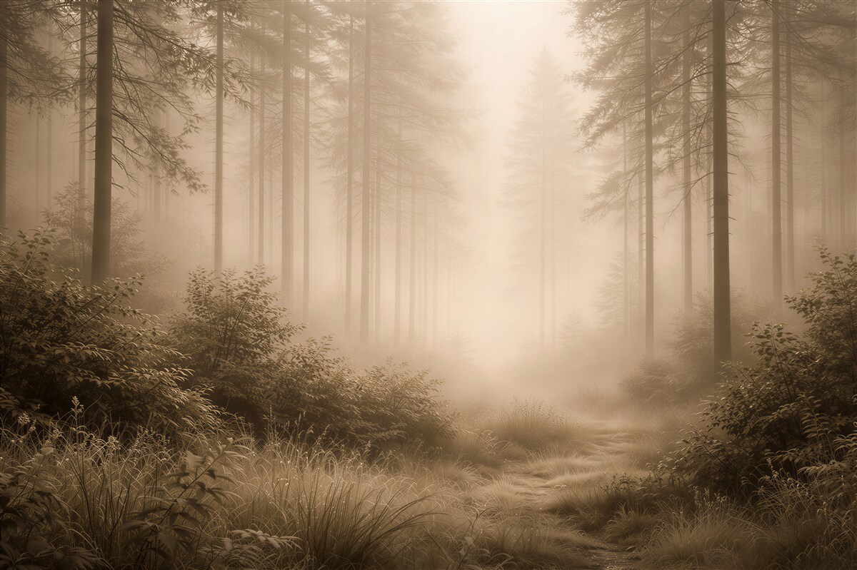 Fototapeten Goldener Waldmorgen im Nebel