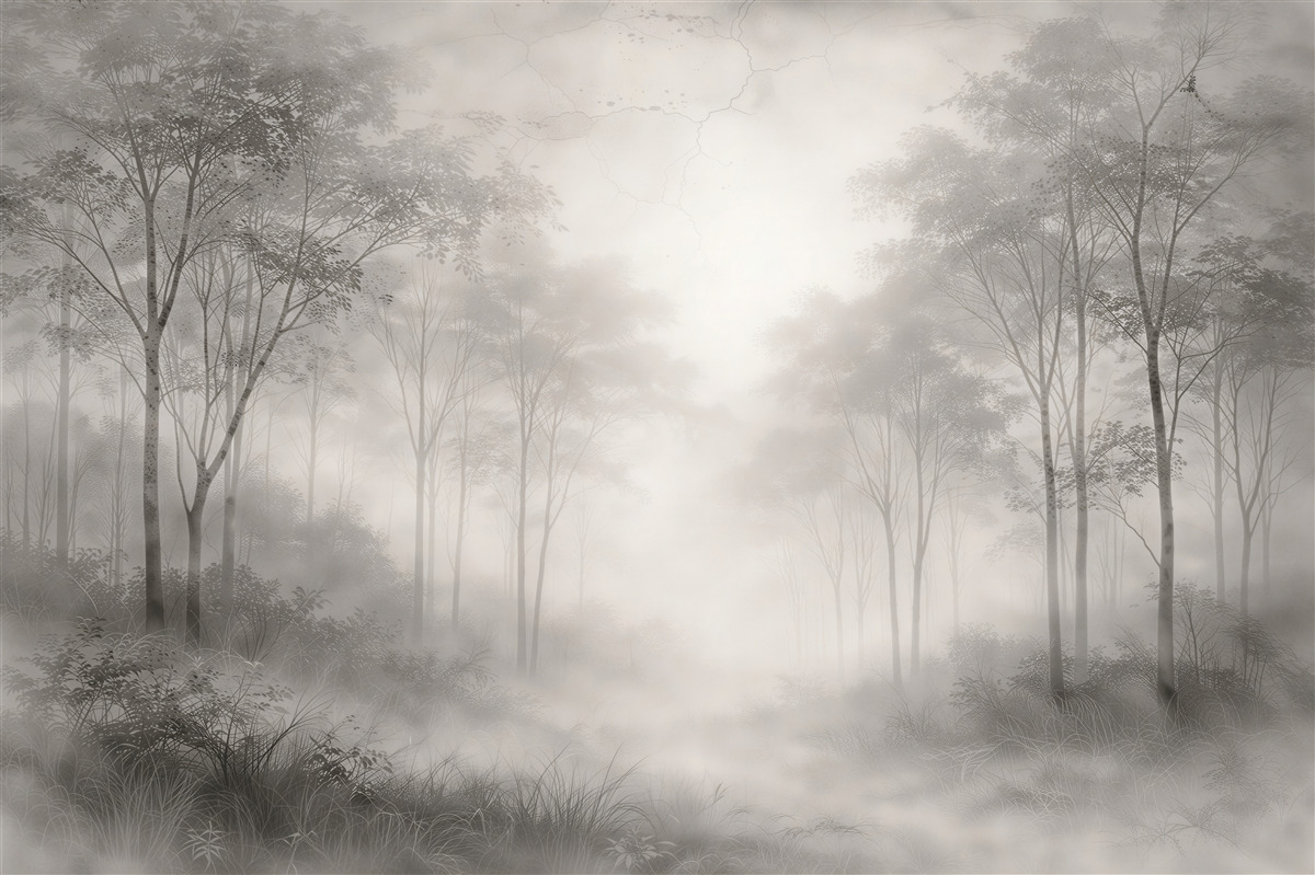 Fototapeten Silberner Wald im zarten Nebel